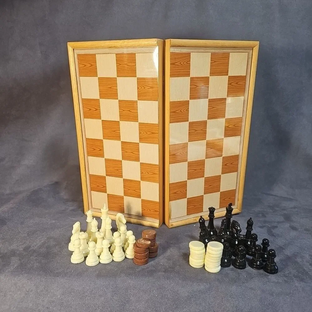 VTG Travel Backgammon Chess Set Wooden Folding Board Checkers Magnetic Pieces